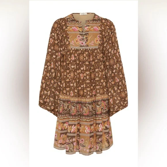 New SPELL MADAME PEACOCK BOHO festival Relax fit MINI DRESS - COFFEE - Picture 5 of 14